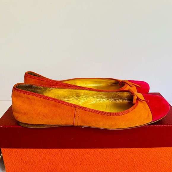 PRADA BALLET SUEDE FLATS ORANGE AND PINK WITH BOW ACCENT MADE IN ITALY - Picture 3 of 8